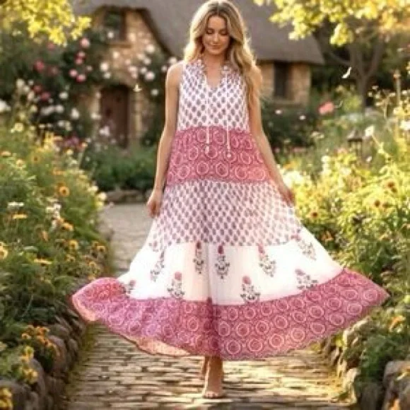 Chelsea & Theodore Pink and White Floral Tiered Boho Maxi Dress XL - Picture 1 of 4